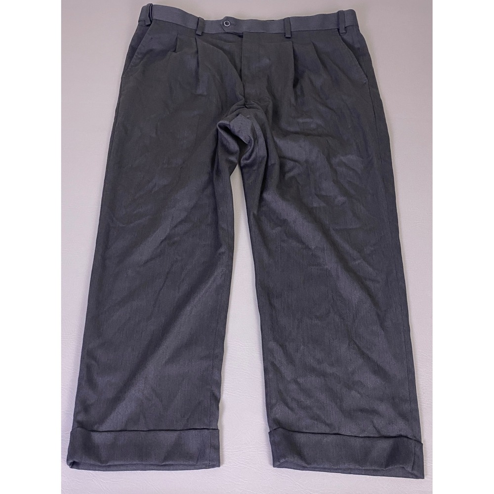 GS Mens Pleated Dress Pants Trousers Mens 42x28 Charcoal Gray Cuffed Hem Stretch